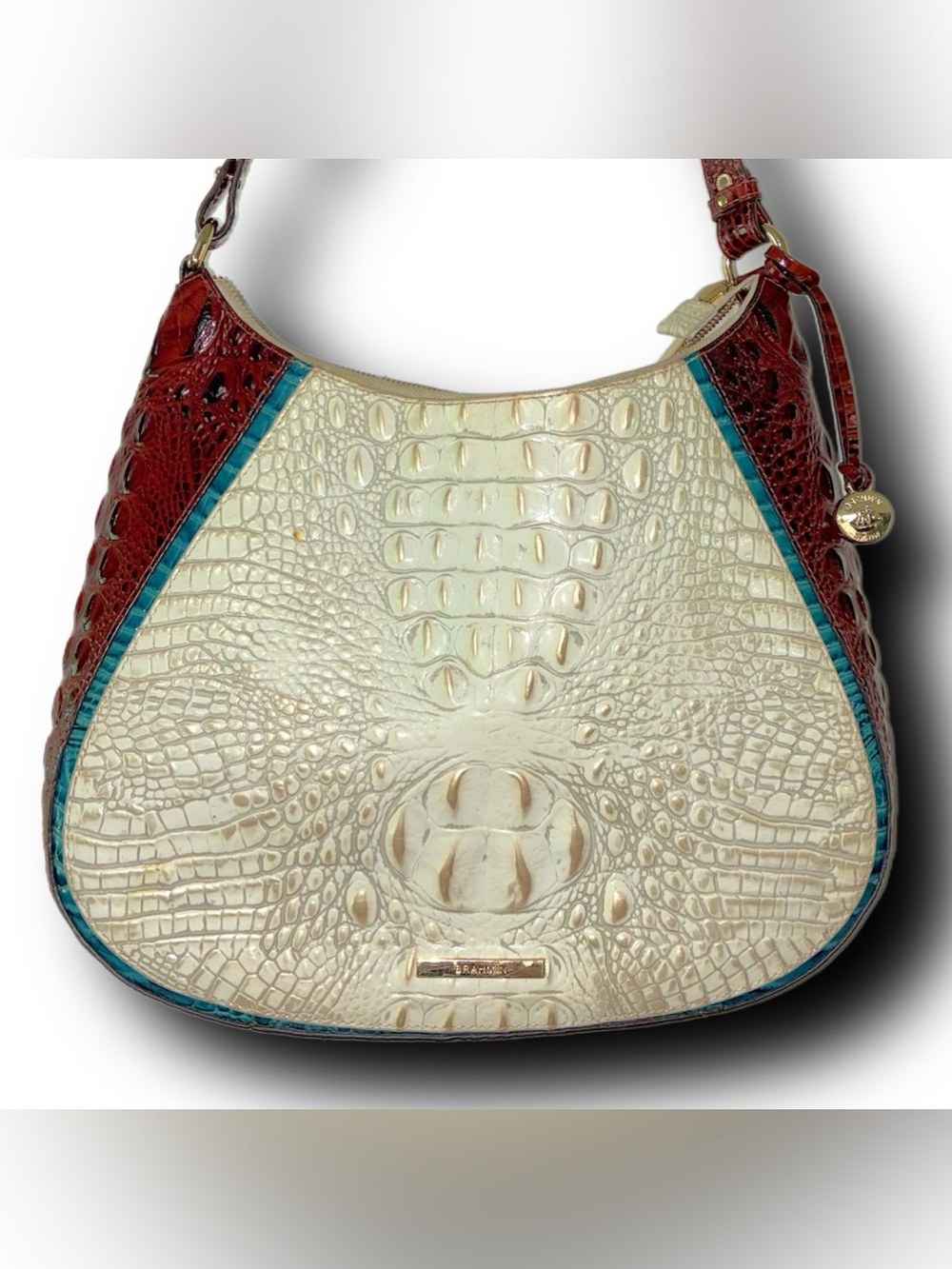 Brahmin Cream Croc-Embossed Hobo with Burgundy and Teal Trim